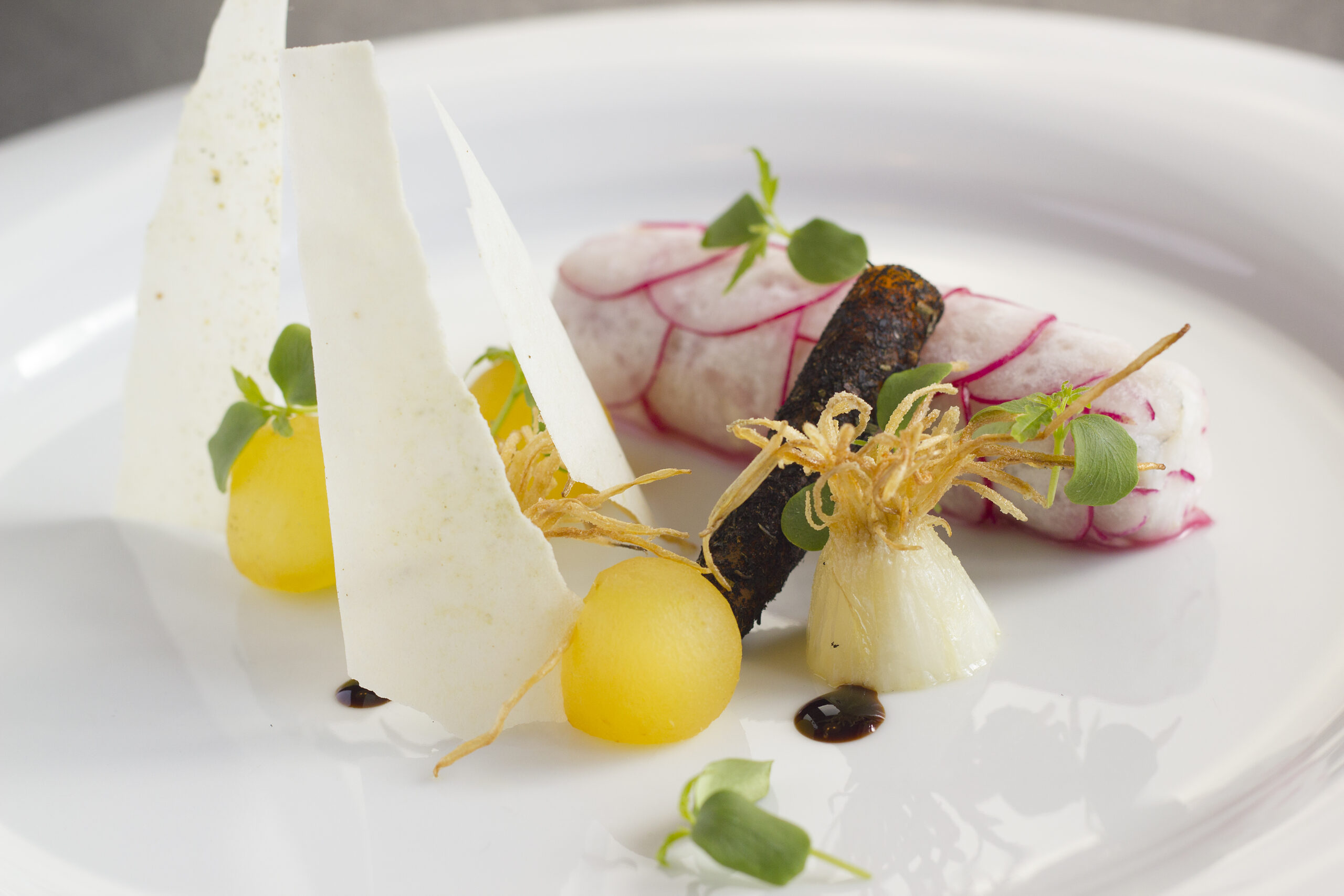 Gourmetret med dekorative ingredienser på hvid tallerken